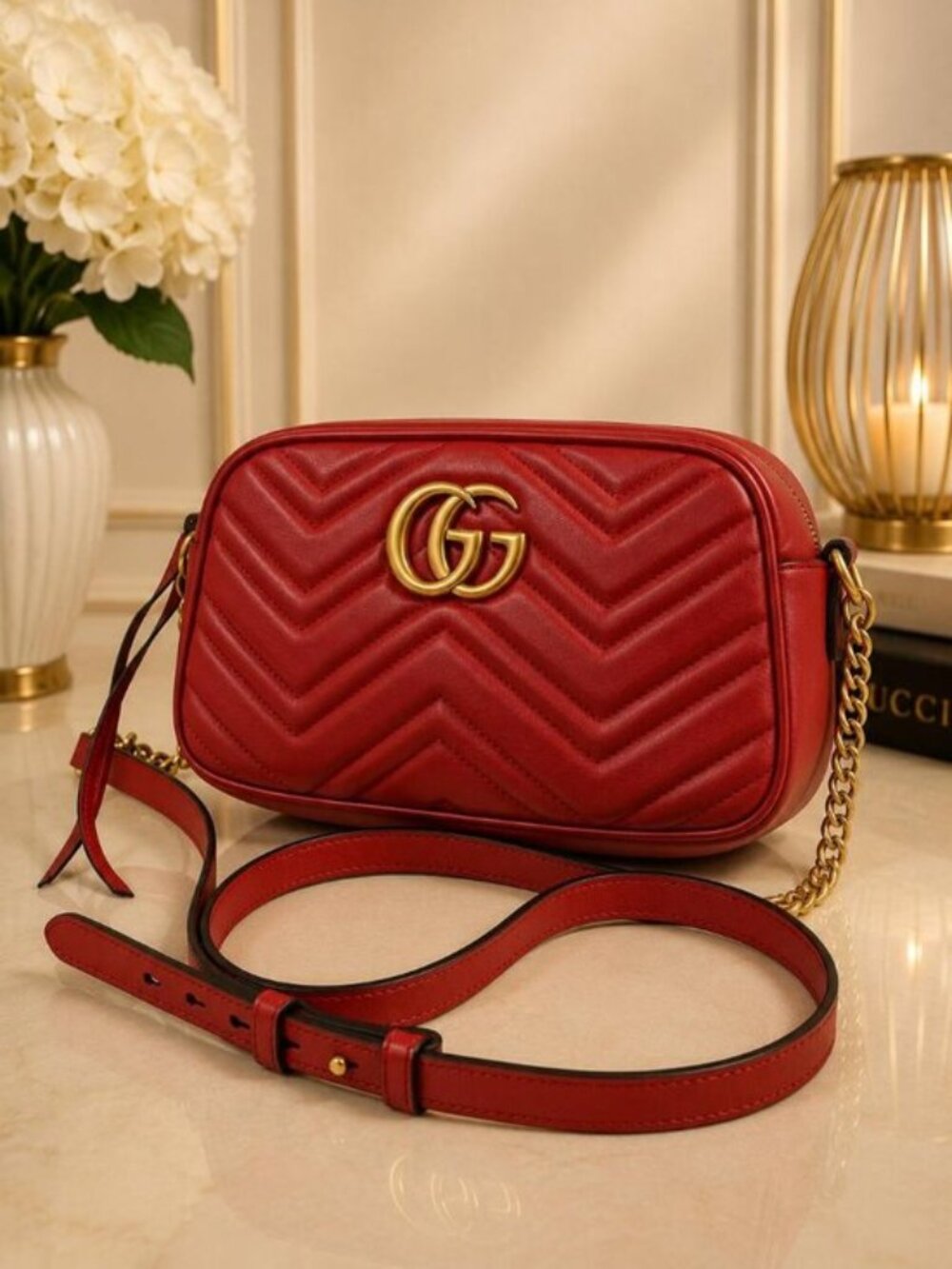 Authentic Gucci GG Marmont Red Matelassé Leather Camera Bag Crossbody